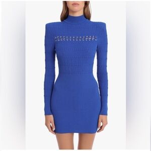NWOT Balmain Vibrant Blue and Long Sleeve Ponteille Rib Knit Mini Body-con Dress